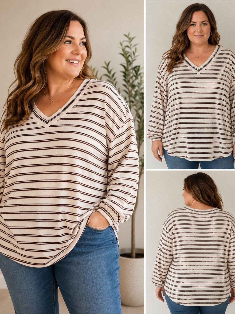 NWT Lane Bryant Striped V-Neck Knit Top 22/24 Ivory Brown Gold Black Stripe